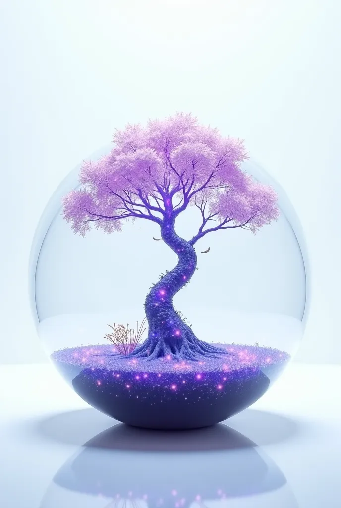 photo of a spherical glass ball, whole, suspended, alone with nothing around on a white background, with a majestic tree rising inside. Its roots shine with a soft violet glow. Its luminous, violet and airy bioluminescent branches form a starry vault where...