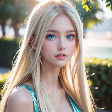  super long super long hair shining bright very beautiful blond hair、 Super Long Silky Straight Hair 、Very big eyes、 Extremely White and Glowing Skin 、Cheek Gloss Highlight、 long bangs between eyes 、 Bangs between eyes and nose 、Top Quality、masterpiece、sup...