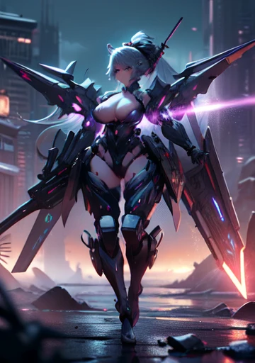   masterpiece，（  best quality ）, deep dark space background，dark chocolate tattoo night elf，bionic cyberpunk power transformation mechanical paint dark chocolate shaped carapace tits，Heavy tank sexy aristocrat guardian mecha，Silver wool single ponytail，Fro...