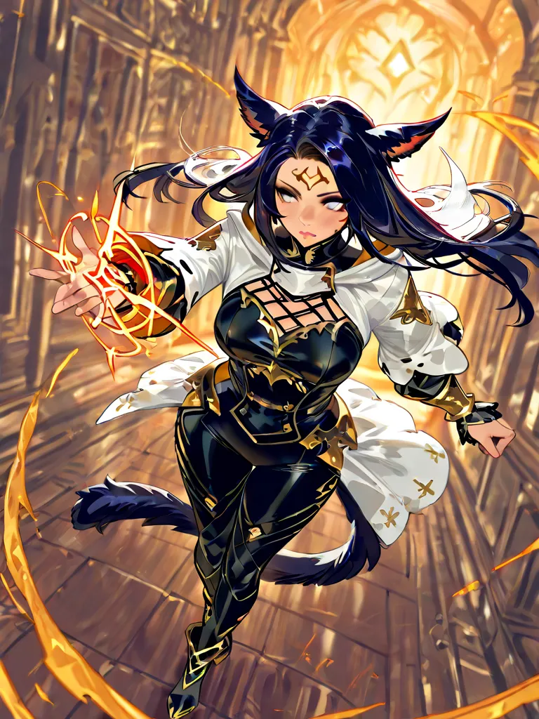 Best quality, extreme details, hdr, masterpiece, perfect eyes, 1female, absurdes, clean lines, ombré colors, extreme bold outlines, perfect hands, guweiz 

very detailed full body of a female miqo’te, keepers of the moon, extreme long dark blue hair straig...