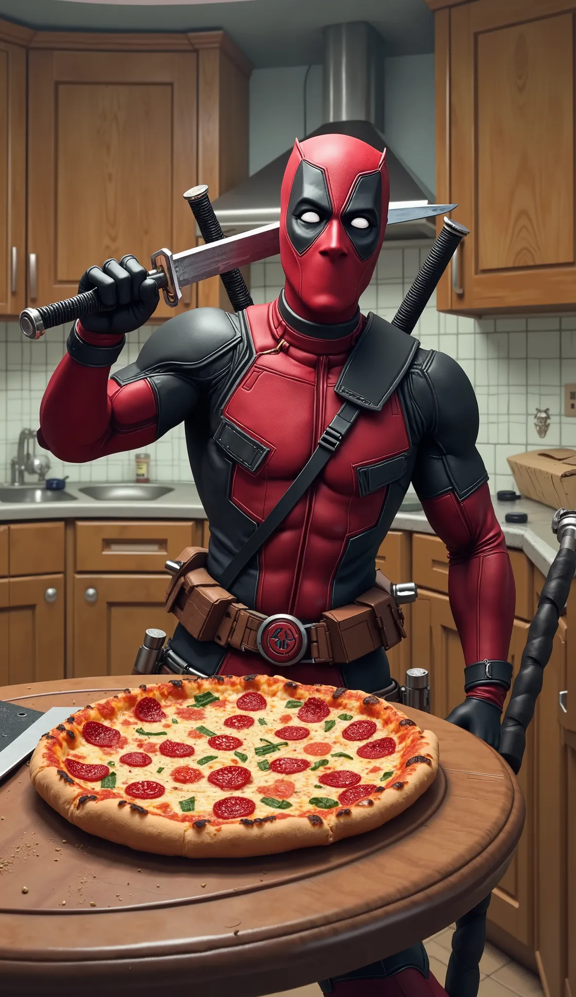 A highly detailed, semi-realistic digital illustration depicting Deadpool in a chaotic and humorous kitchen scene. The background remains consistent across all images, featuring a cozy, slightly messy kitchen with wooden cabinets, a tiled backsplash, and a...