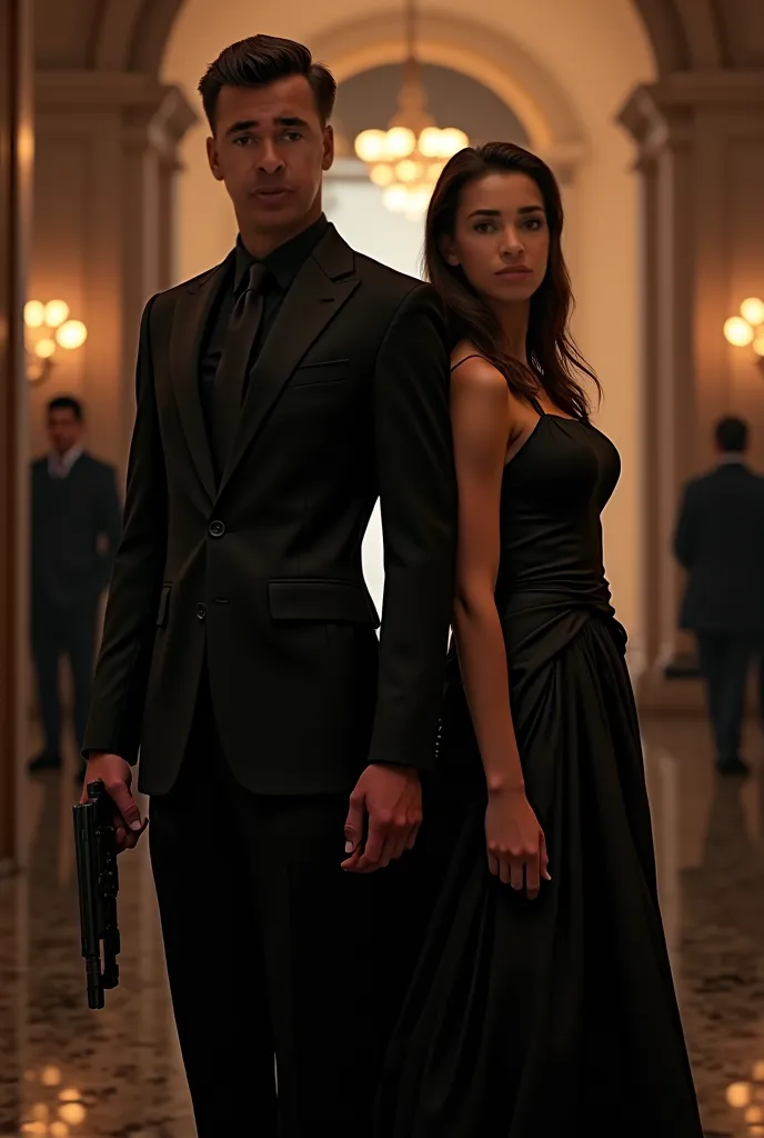 An action movie character wearing fancy clothes accompanied by a beautiful woman posing on camera 