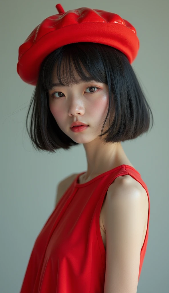 Ultra-realistic capture, Highly detailed, a Japanese girl with bobbed hair wearing a red sleeveless dress with a very large red jelly bean shaped shiny beret on her head