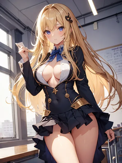 1girl, blonde high school girl, in the classroom, rich breasts and beautiful breasts, semi-long hair with layered octopus cut, voluminous top with wispy, outward-flaring ends, slightly messy yet stylish look.