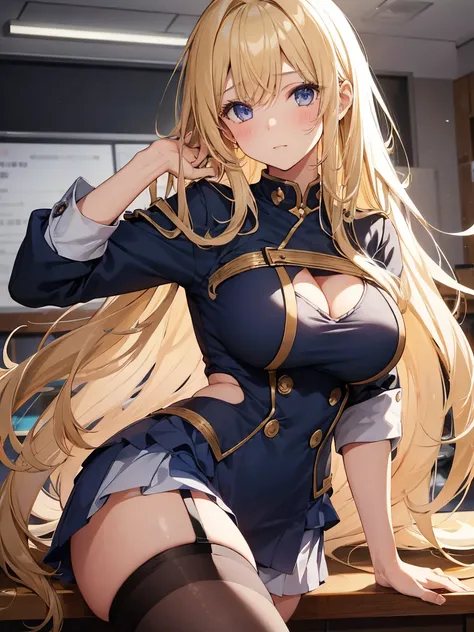 1girl, blonde high school girl, in the classroom, rich breasts and beautiful breasts, semi-long hair with layered octopus cut, voluminous top with wispy, outward-flaring ends, slightly messy yet stylish look.