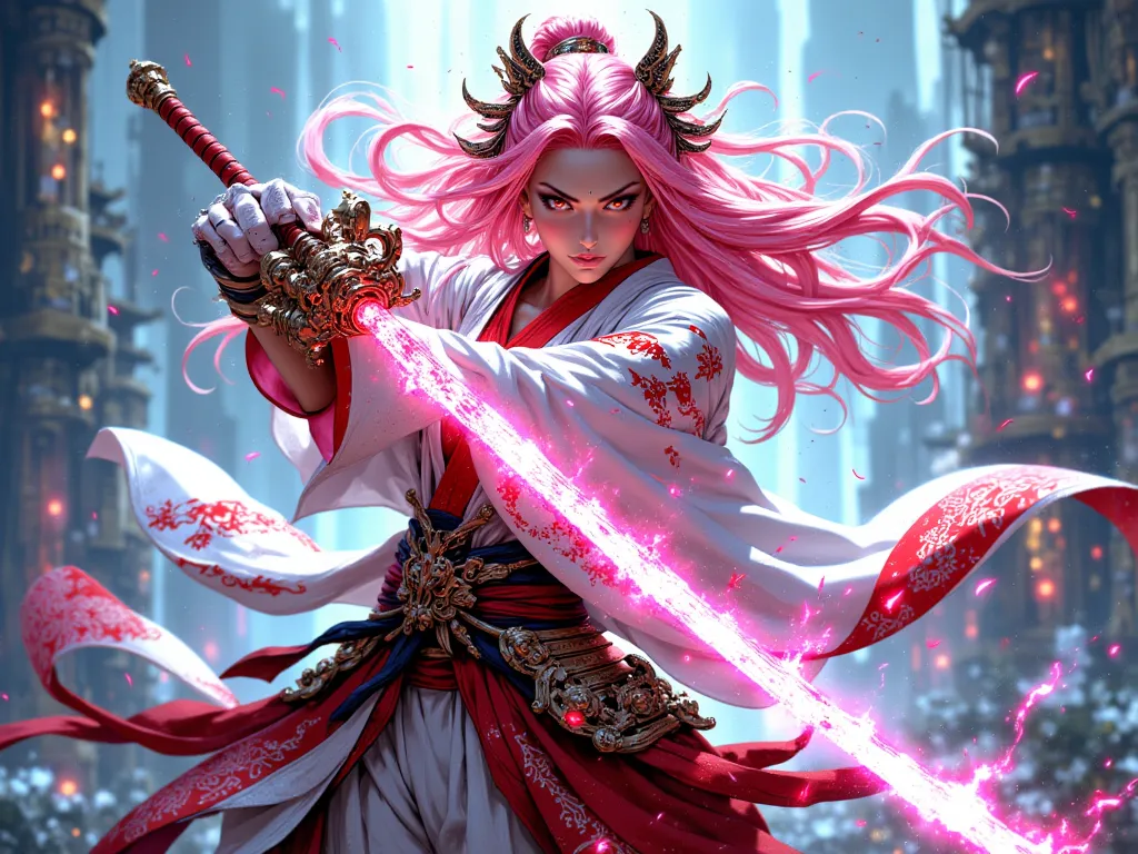 a long-haired pink magical swordsman who wears a white kimono with red details with red eyes in a defensive posture