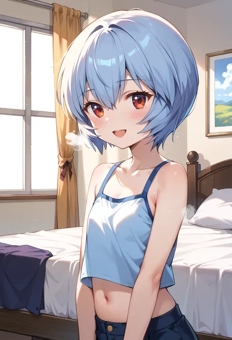 ((Top Quality)), ((masterpiece)), (be familiar with), perfect faces, indoors, bedroom, watching viewers,
One woman, Ayanami Rei,
open mouth, steam clouds drift, blush, smile,
 small tits, flat chest, Young girl,  lori,  ,  girl,
Short Hair, short hair,
 op...