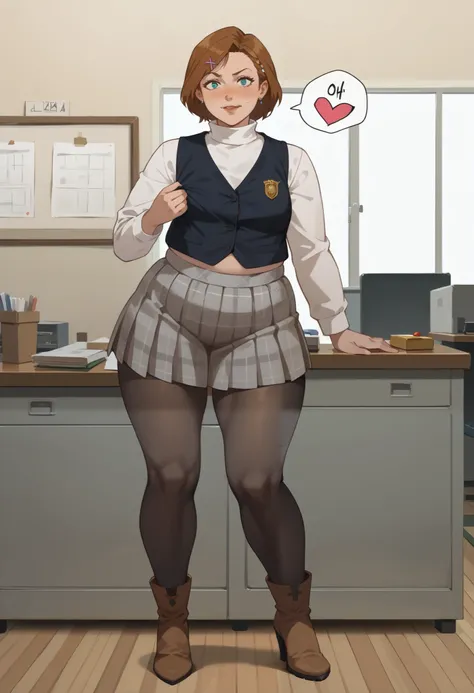 ,(1 girl, solo) () source_western, wide hips, obese, leaning over,(dark hair) (high heels), (asymmetrical bangs)short hair, braid, white turtleneck, long sleeves, black vest, plaid pleated skirt, black pantyhose, brown boots office background, (pinching...