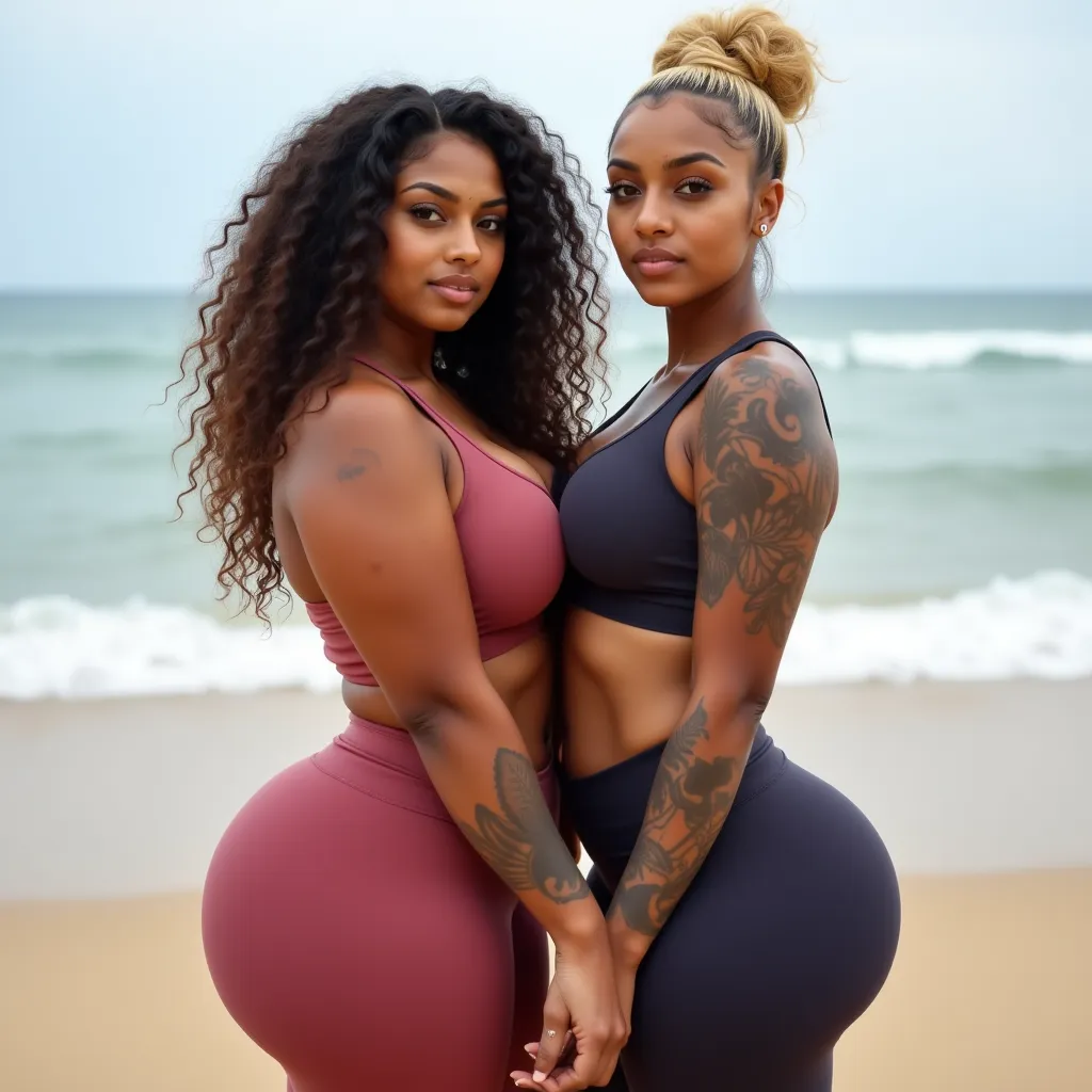 A beautiful indian lesbian couple,  big breasts, 36d, flirty gaze,fullbody picture,yoga pants, tattoos, long curly hair,dark skin,natural blonde hair,big hair bun ,bangs ,doing yoga,beach,blush,curvy figure 