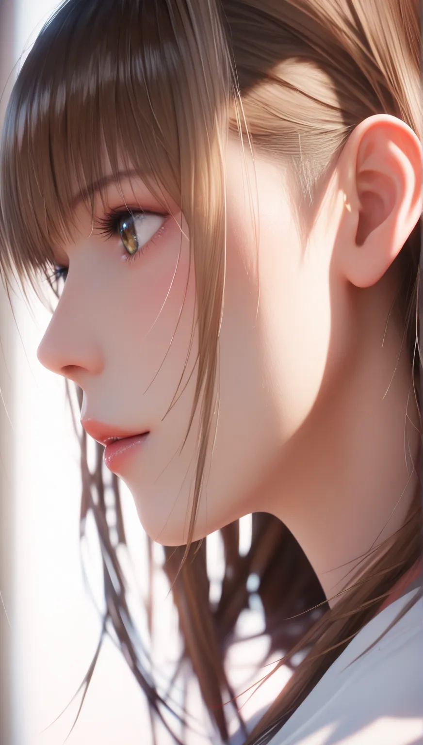 score_9, score_8_up, score_7_up, girl profile picture, long brown hair with bangs, (face facing 45° diagonally), realistic skin texture, detailed image, close-up, HD32k