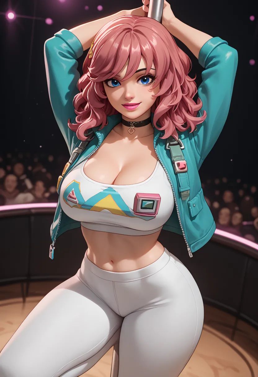  (8k, best quality, masterpiece:1.2), (anime), ultra-detailed, 1 girl,cute, solo, ,beautiful detailed blue eyes, medium wavy hair, ,bangs , smiling, looking at viewer, ,dark pink hair, lips, pink lipstick, , , big breasts, voluptuous, wide hips,busty, ,whi...