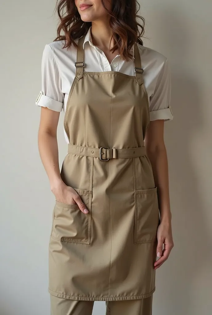 Khaki half-length apron, with modern modeling. Half body apron