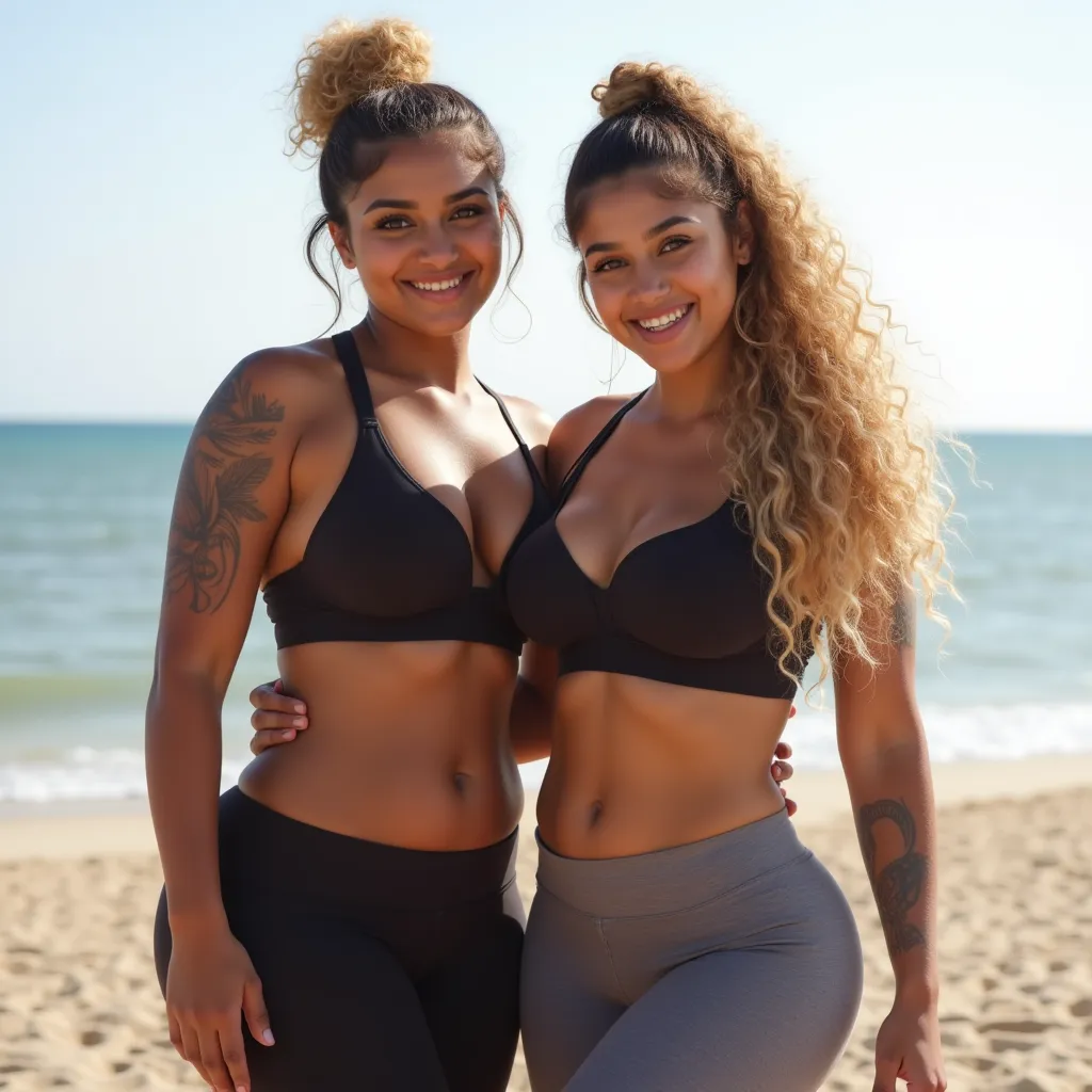 A beautiful indian lesbian couple,  big breasts, 36d, flirty gaze,fullbody picture,yoga pants, tattoos, long curly hair,dark skin,natural blonde hair,big hair bun ,bangs ,doing yoga,beach,blush,curvy figure 