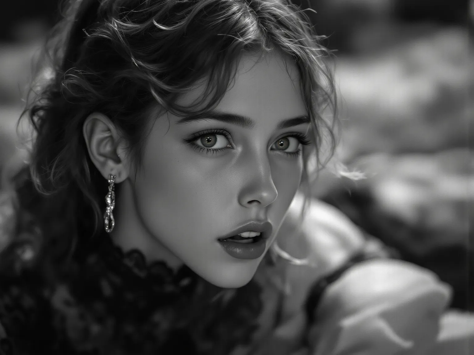 8k, Masterpiece, Top Quality, Close-up, slightly low-angle, A cinematic 1930s style black and white photo of 1930s young  girl age15, gorgeous face, petite, slim and skinny body, black revealing lace dress, cinematic hollywood lighting, black and white. Mo...