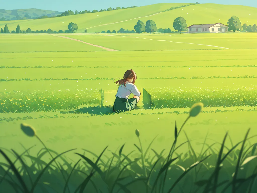 One meditating on a green field, cartoon. 