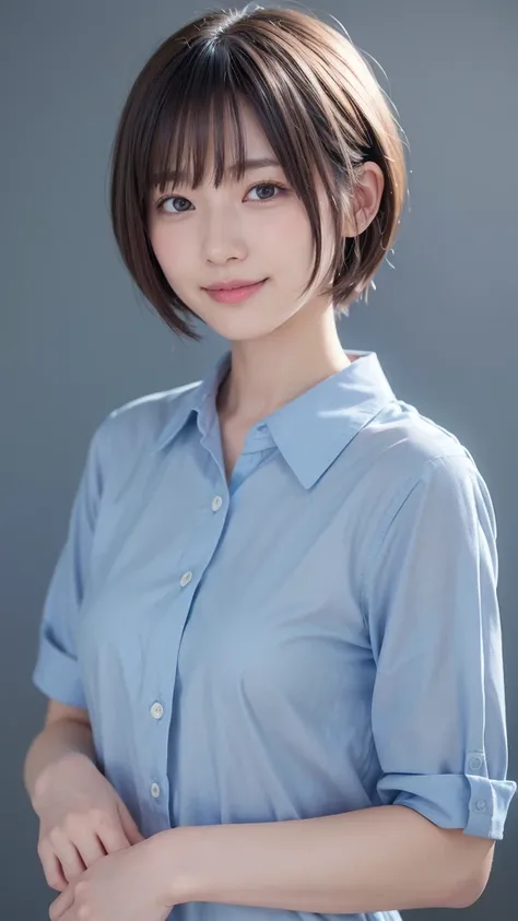 1 very cute girl、、short hair、Gray Hair、Reduces hair volume、Blue background、Upper Body、(head shot:1.5)、Eyes focus、Collared shirt、Laughter、smile、白い歯を見せて笑う、(8k、RAW Photos、highest quality、masterpiece:1.2)、(Realistic、Realistic:1.3)、Hmph、The depth of the written...