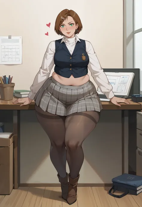 ,(1 girl, solo) (from behind) (looking at you:1.2)source_western, wide hips, obese, leaning over,(dark hair) (high heels), (asymmetrical bangs)short hair, braid, white turtleneck, long sleeves, black vest, plaid pleated skirt, black pantyhose, brown boots ...
