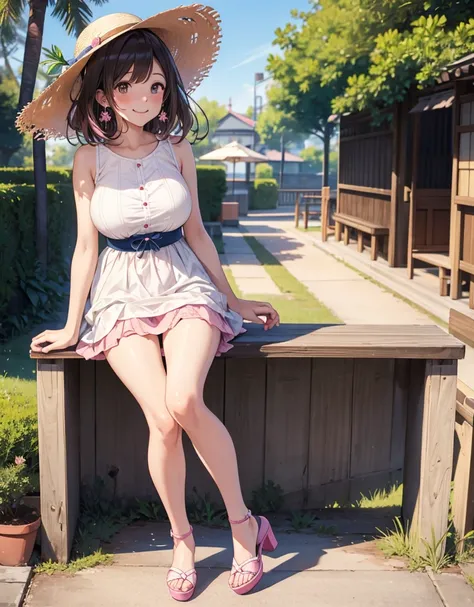     laughing while sitting ,  alone,     nothing ,   Big Breasts, smile,   長いhair, 前hair,   brown eyes,    nothing ,   masterpiece,   Pink platform pumps that cover the thighs where human genitals protrude anatomically accurately  , 多くの賞を受賞した  masterpiece,...