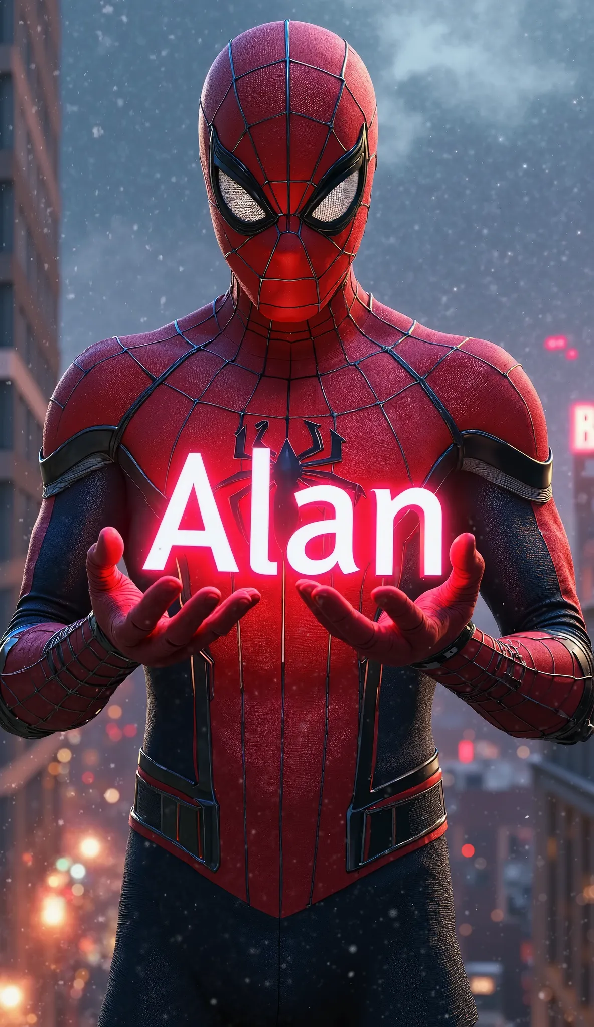 Here’s a detailed prompt in English for your image request:  

*"A hyper-realistic depiction of Spider-Man standing in a dramatic pose, holding the name 'Alan' in his hands. The name 'Alan' should be bold, glowing, and prominently featured, standing out as...