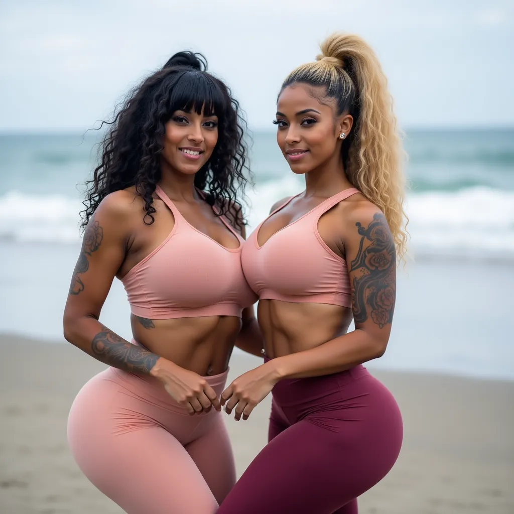 A beautiful indian lesbian couple,  big breasts, 36d, flirty gaze,fullbody picture,yoga pants, tattoos, long curly hair,dark skin,natural blonde hair,big hair bun ,bangs ,doing yoga,beach,blush,curvy figure 