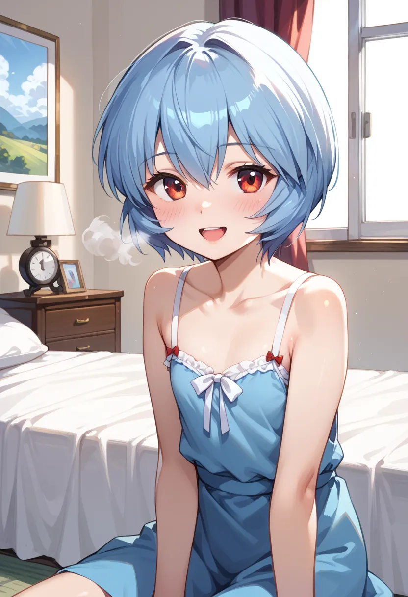 ((Top Quality)), ((masterpiece)), (be familiar with), perfect faces, indoors, bedroom, watching viewers,
One woman, Ayanami Rei,
open mouth, steam clouds drift, blush, smile,
 small tits, flat chest, Young girl,  lori,  ,  girl,
Short Hair, short hair,
 op...