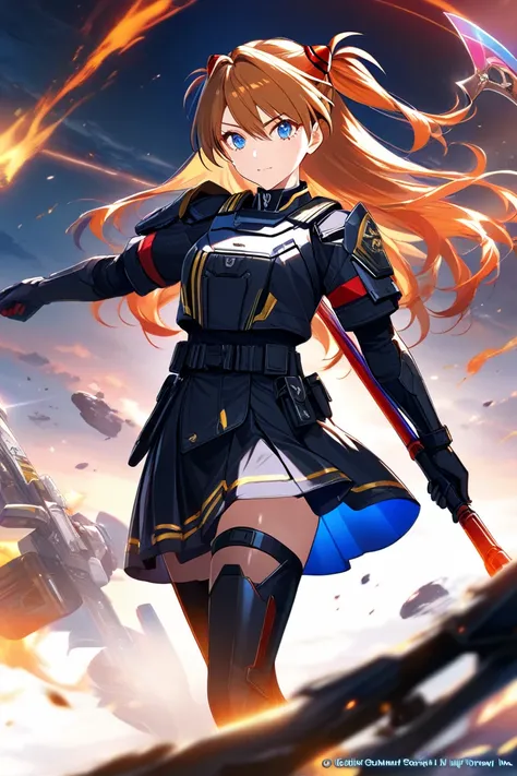 ((masterpiece)), (best quality skirt),, Official art,  extremely detailed unity 8k CG wallpaper, ax, shiny skin, depth of field, couleur vive,,  1girl , (curved :0.4), ( full body :0.6) Asuka Soryu Langley, in helldivers outfit