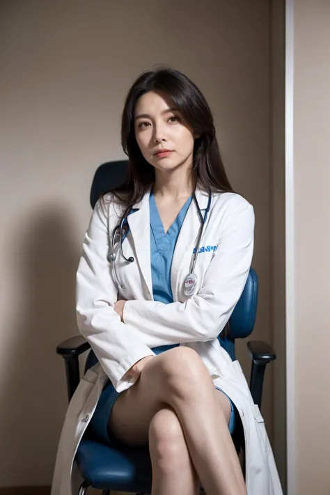 ((highest quality)), ((8K)), ((masterpiece: 1.3)), (perfect appearance), (photorealism: 1.6), (female doctor sitting on a chair), perfect anatomy, ((Age 65)), ((white coat)), ((calm expression)), ((legs crossed)), ((hospital examination room)),