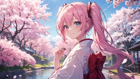 ( Top Quality、4K、8k、 High Resolution、 greatest masterpiece:1.2)best smile、 Hatsune Miku from the cute anime、looks into the distance， pink hair，long hair 、solo,cherry blossoms， White Kimono 