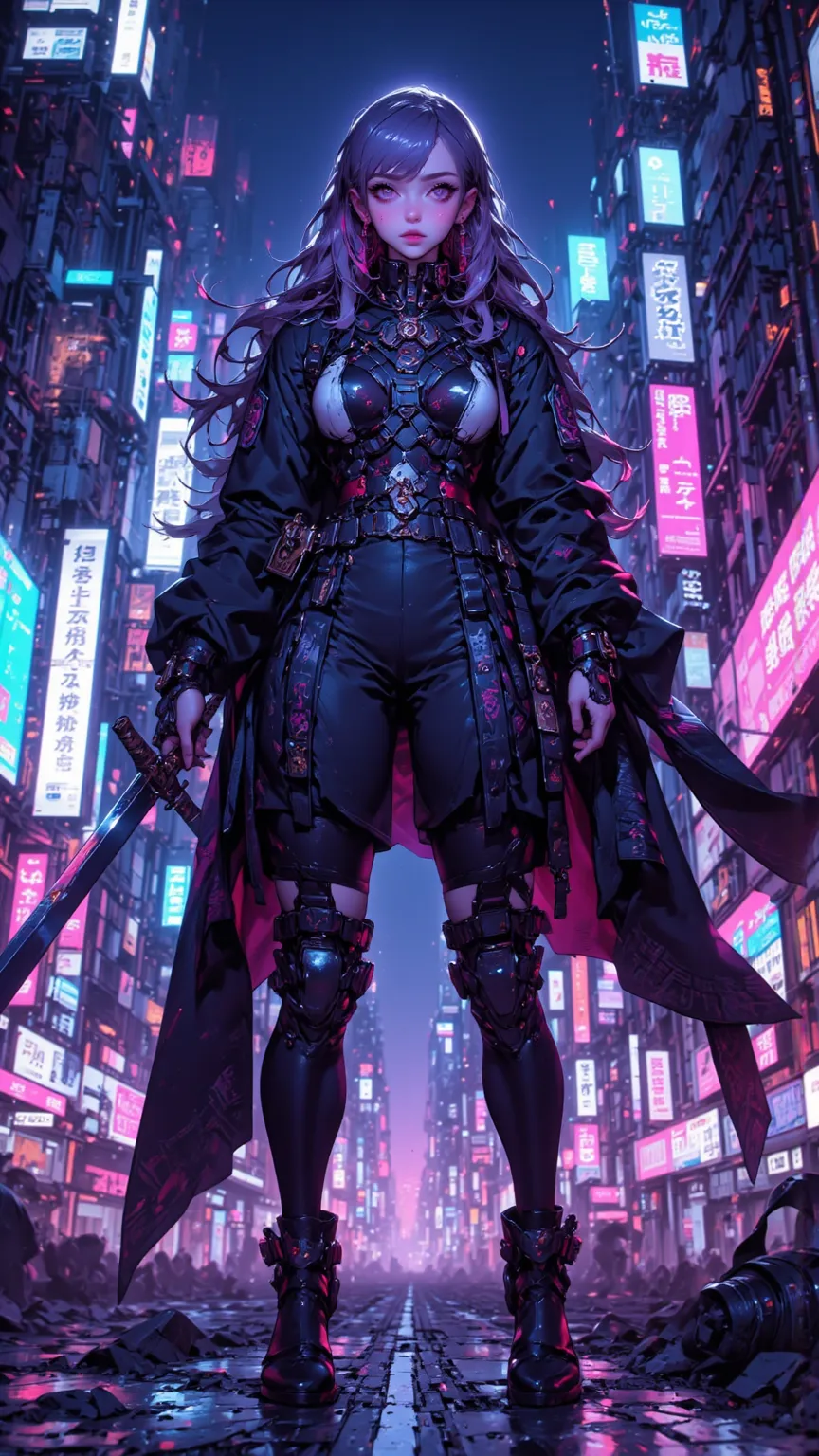 Full Length Image，Semi-mobile girl's hair color is purple and silver gradient，超details的面部質地，big eyes，Sharp Eyes，Sharp Gaze，Long Hair，Chest Rich，Waist Narrow，Instant Movement，Dynamic Pose，攜帶Japanese sword，Japanese sword，Midnight Cyberpunk City CyberPunk sty...