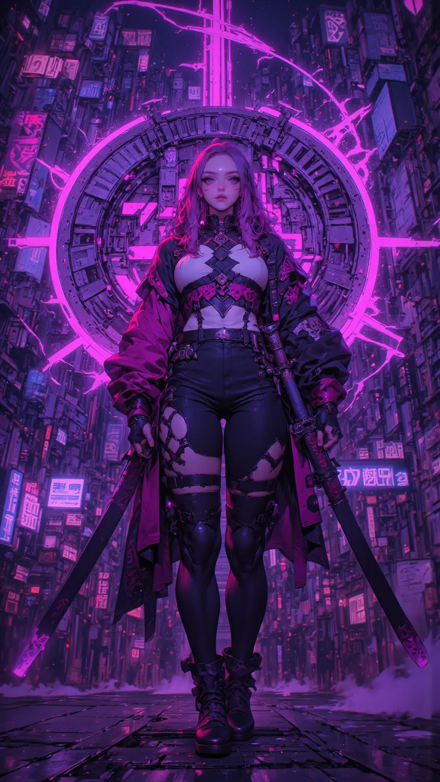 Full Length Image，Semi-mobile girl's hair color is purple and silver gradient，超details的面部質地，big eyes，Sharp Eyes，Sharp Gaze，Long Hair，Chest Rich，Waist Narrow，Instant Movement，Dynamic Pose，攜帶Japanese sword，Japanese sword，Midnight Cyberpunk City CyberPunk sty...