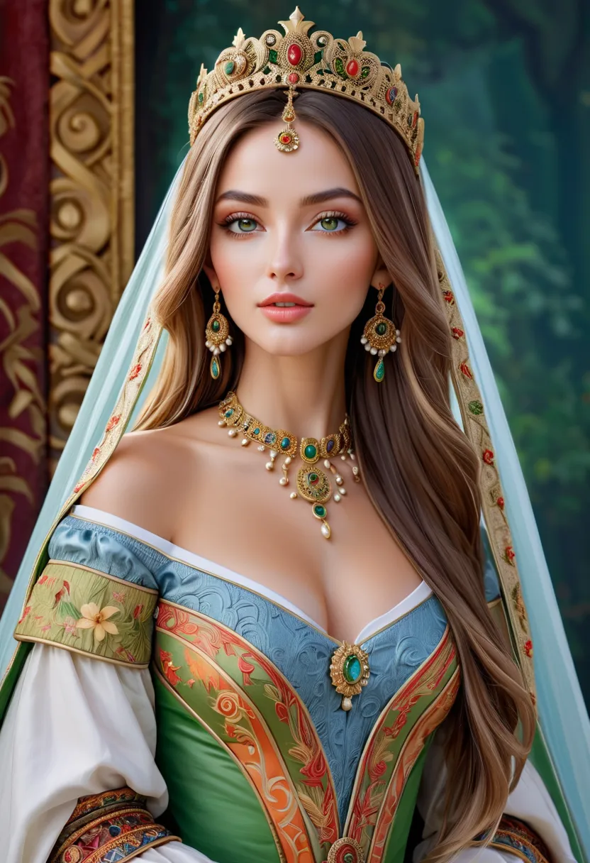 (High Resolution,masterpiece:1.2),(realistic:1.37)"( Top Quality , High Resolution, Extremely Detailed, realistic), Portrait of a beautiful Ukrainian queen from the 16th century , ( She's half Ukrainian and half Japanese .,  She is a beautiful woman with g...