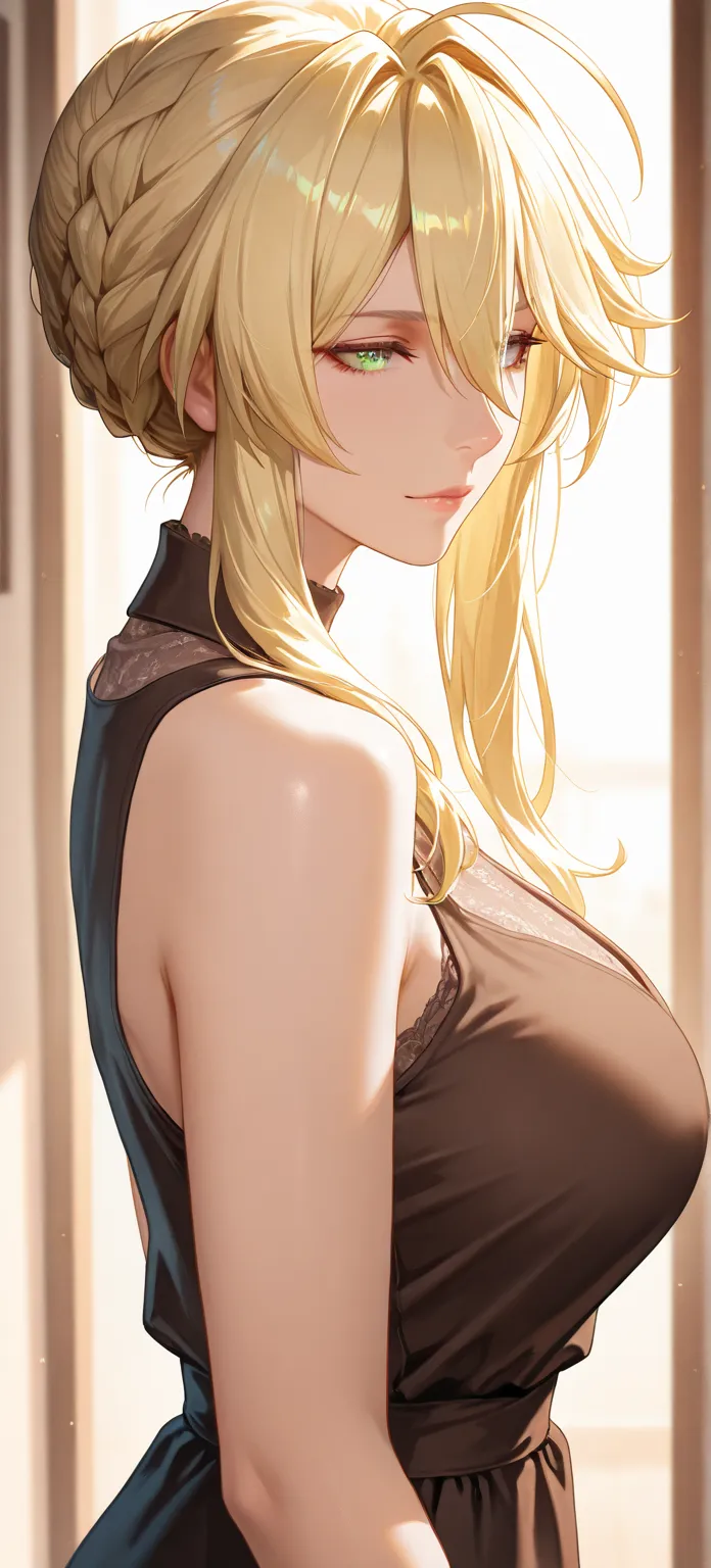 Masterpiece, very aesthetic, vibrant, high contrast, high resolution, ultra detailed, elegant mature woman, artoria Pendragon (lancer), housewife, milf, casual sleeveless clothes, soft light, best quality, newest, honkai: star rail cg style, portrait, semr...