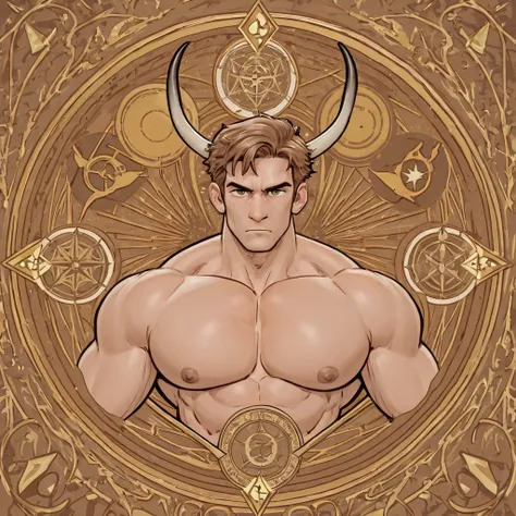 circular design, astrology, zodiacal, taurus male, bull horns, spiky short hairstyle, tall swedish young guy, slender, zodiac taurus energy, taurus male, broad shoulders, mystic energy