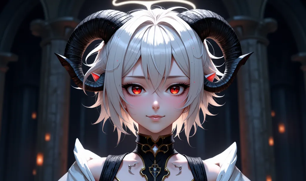 Femboy a feminine boy with short, messy and large white hair with lamb's ears and lamb's horns, as well as a halo aura over his head and black horns on his head/hair eyes in neutral position as well as red eyes and smiling, With the outfit being a bodysuit