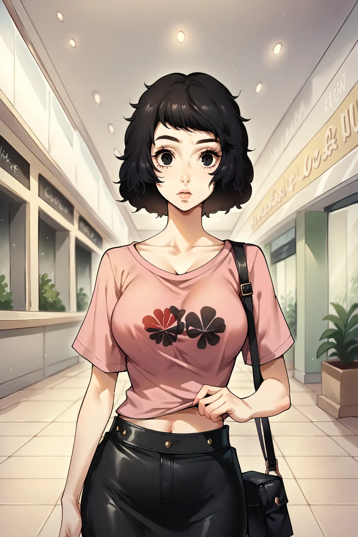 1 girl, solo, Sadayo Kawakami, black hair, black eyes, short hair, messy hair, large breasts, mall, pink small t shirt, slight midriff, black leather skirt, purse, loose shirt