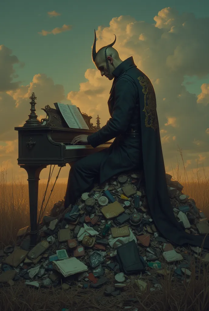 a demon wearing a stylish black suit, playing the piano in a field full of trash, standing on top of a pile of garbage, hyperrealistic, 8K, highly detailed, photorealistic, dramatic lighting, moody atmosphere, dark fantasy, concept art style, digital paint...