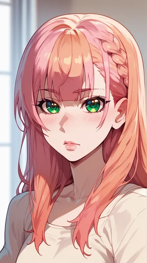 natsukawa aika, orange hair, pink hair, long hair, braid, green eyes,