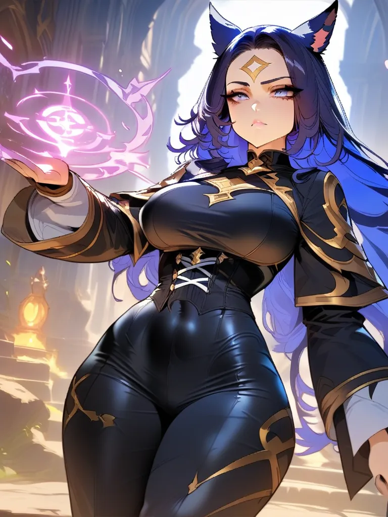 Best quality, extreme details, hdr, masterpiece, perfect eyes, 1female, absurdes, clean lines, ombré colors, extreme bold outlines, perfect hands, guweiz 

very detailed full body of a female miqo’te, keepers of the moon, extreme long dark blue hair straig...