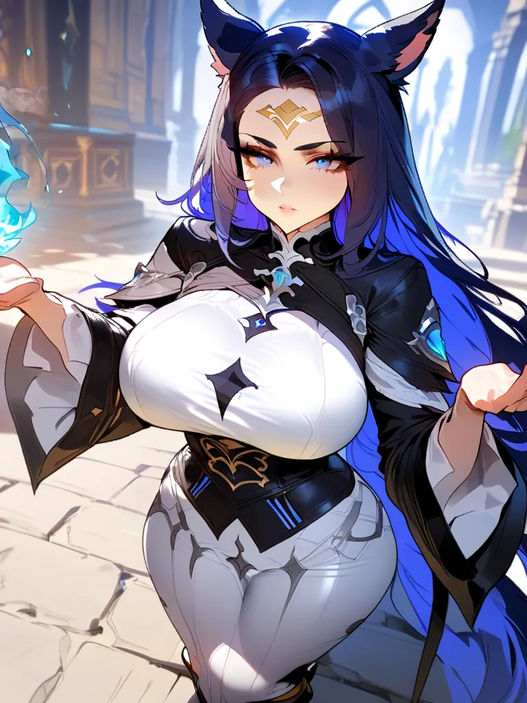 Best quality, extreme details, hdr, masterpiece, perfect eyes, 1female, absurdes, clean lines, ombré colors, extreme bold outlines, perfect hands, guweiz 

very detailed full body of a female miqo’te, keepers of the moon, extreme long dark blue hair straig...