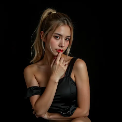 full shot, realistic photography photo of a woman with long, wavy blond hair and flawless skin, pony tail, makeup, red lipstick
Create a high-quality, cinematic-style thumbnail featuring a mysterious and attractive woman against a s...