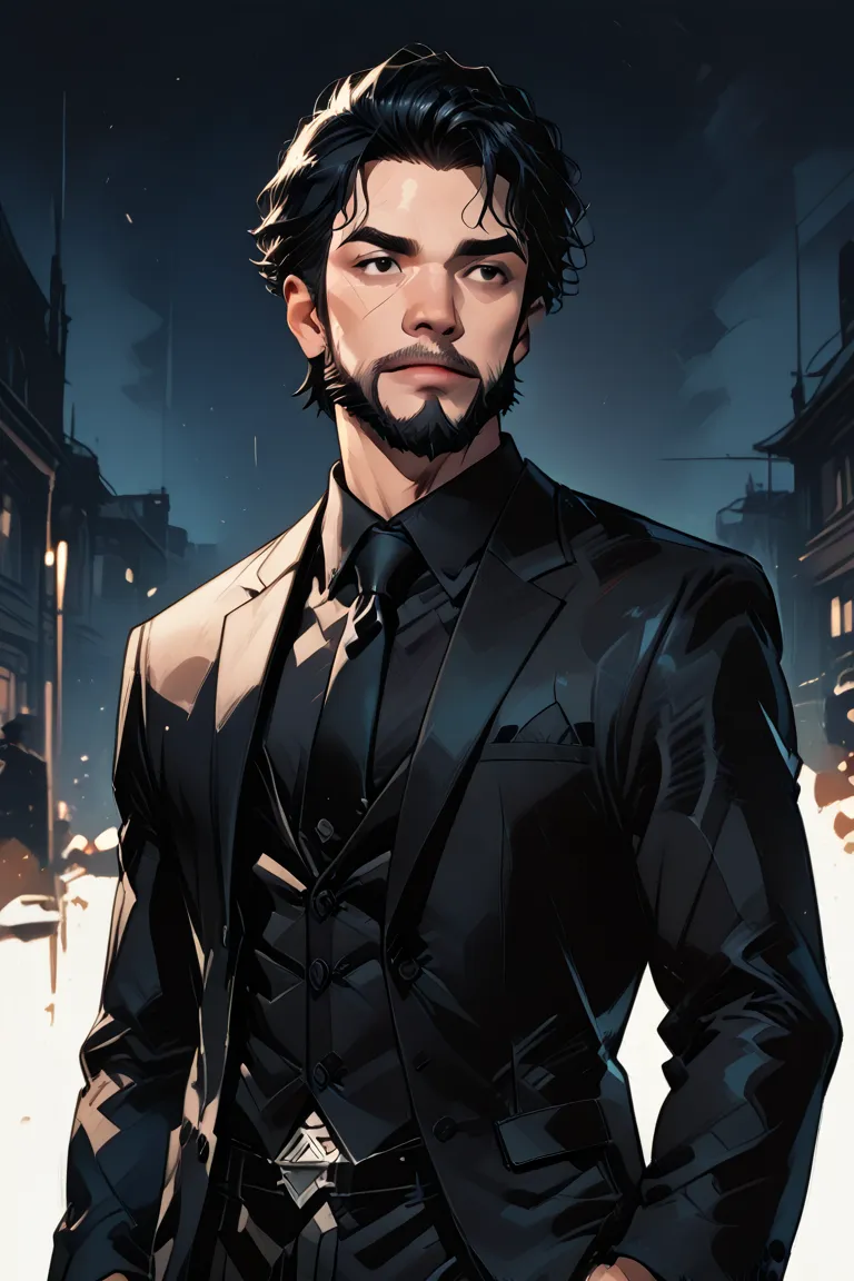 Play a 27-year-old male character with medium-wavy black hair and black eyes, He has an unfinished beard and wears an all-black suit, She has an athletic body .