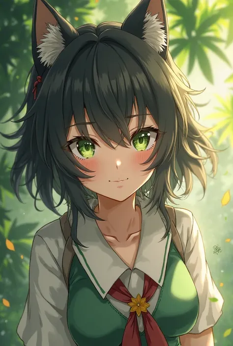 Best Quality, (Masterpiece :1.35), the wallpaper, (Illustration ), Original, (Depth of field ), (1girl:1.35), (Solitary), full bodyesbian, dynamic, Detailed Face,Mature Female, AS-Adult, (Old:1.3), medium boobs, intriguing, Happy,Miko Outfit, lacing, Beautiful Green Eyes , dark hair,Dog Ears Volumetric Lighting, falling leaf, Tyndall Effect,