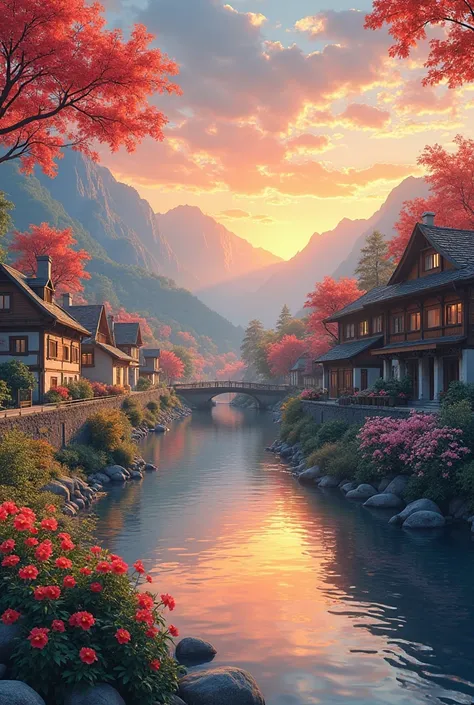 , a small riverside village,The background is mountains,Flowers bloom,vibrant with colors,Detailed scenery,Beautiful natural landscape,Ambiance Lighting,Scorching sunset,a warm color palette,utility,utility摄影,Delicate leaves,Complex architecture , cobblest...