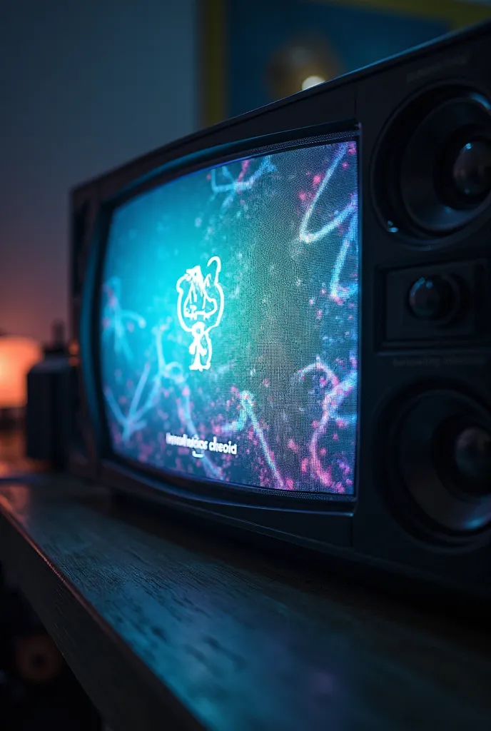 a close up of a television screen with a logo on it, a picture inspired by Pál Balkay, tumblr, superflat, bottom view, ultra mega super hyper detail, super intricate, subtitles, bottom - view, super sayan, shot from below, super clear details, ultra mega s...