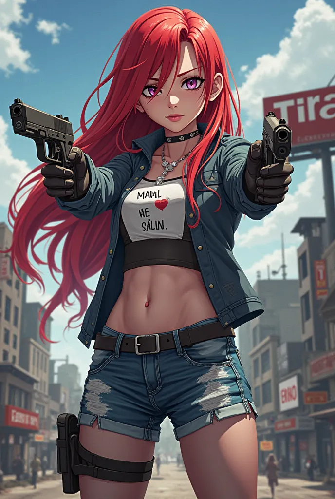 cute anime style with long red hair, whole full body portrait, holding two guns, zombie apocalypse theme, visible background TIRA logo billboard on top, big name tag MAYUMI-XIENT on chest