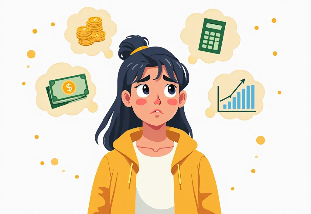 An illustration in cartoon and vector style showing a concerned adult instead of the young person in the original image. The adult wears a yellow hoodie and a white t-shirt underneath, maintaining the same expression of uncertainty and concern.  Her gaze i...