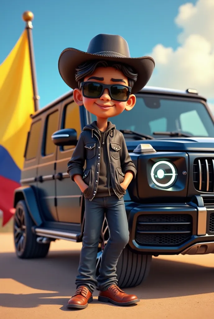 Young dark brown man without a beard wearing a black cowboy hat with shiny loafers and sunglasses and the Colombian flag next to a black Mercedes AMG G63 (Let it be like an animated cartoon)