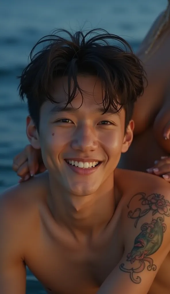 Korean sweaty Young boy, artist, laying down, wet sixpack, black thongs, smile, white skin, his shoulder leaned by a sexy nude girl with wet sweat in the yacht, night, on the middle of sea, tattoo on shoulder