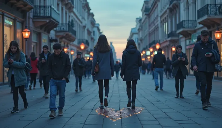  an urban scene at dusk , where several people are walking alone,  with expressions of sadness and reflection . In the background, a broken heart drawn on the sidewalk, symbolizing loneliness. Some people look at their cell phones, showing unanswered messa...