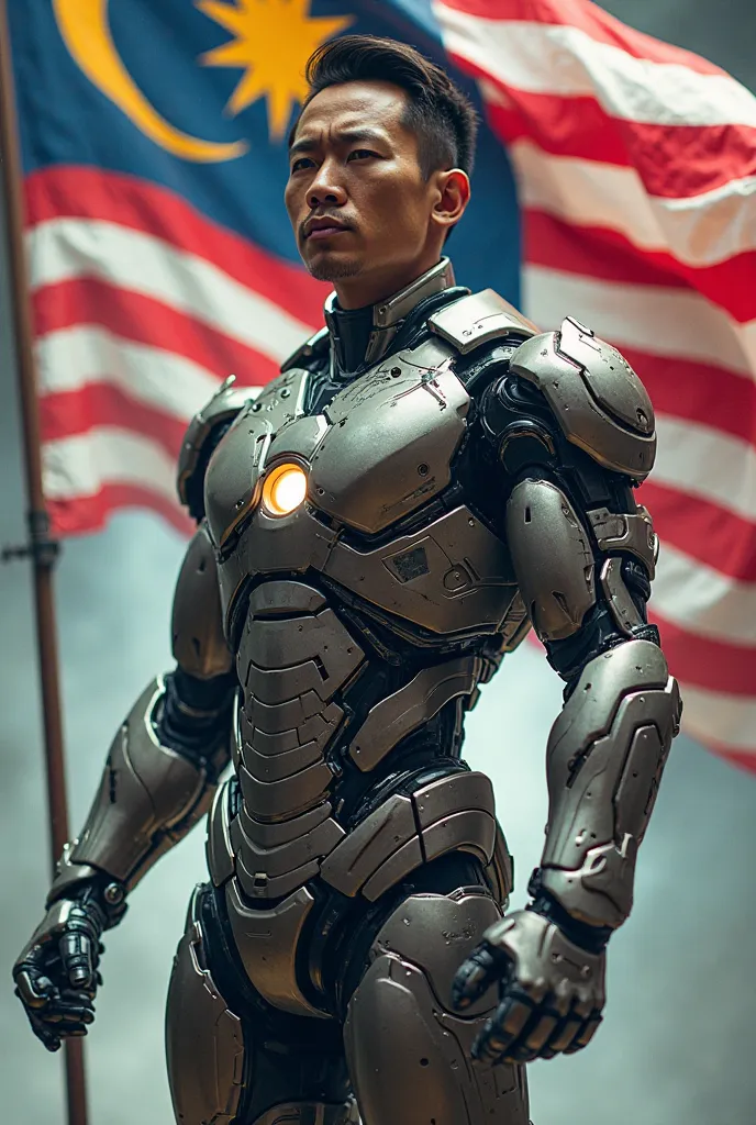 the asian man wear the robotic suit look like the ironman hold the flag of Malaysia Country